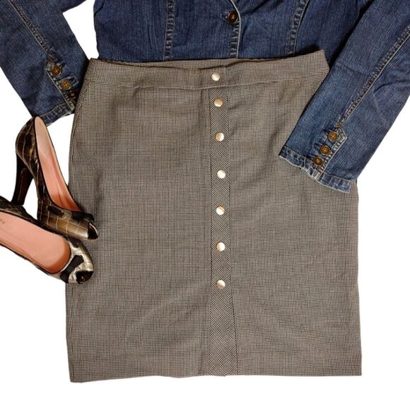 LOFT Grey Black Houndstooth Button Front Lined Straight Skirt Size 12 - Picture 1 of 13
